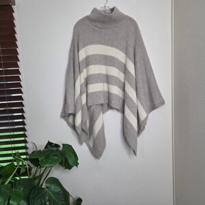 Peruvian Connection Snow Drift Alpaca Poncho‎ Striped Turtleneck Tan One Size